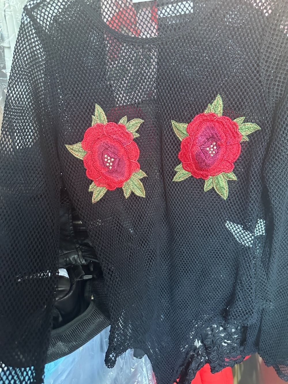 A3 Design Black Mesh Bodysuit with Red Rose Appliques